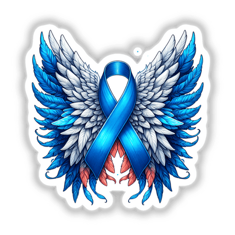Blue Awareness Ribbon with Wings available as stickers or digital artwork, featuring a stylized blue ribbon adorned with white wings, symbolizing hope and support.