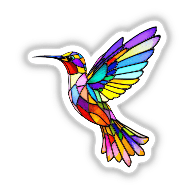Hummingbird Stained Glass Style: A vibrant illustration of a hummingbird with outstretched wings, available as stickers or digital artwork, reflecting Decal Venue's unique style.
