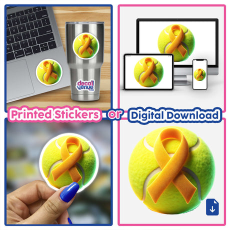 Tennis Ball Yellow Awareness Ribbon depicted on a tennis ball, available as stickers or digital artwork from Decal Venue, known for unique vinyl stickers and digital art.