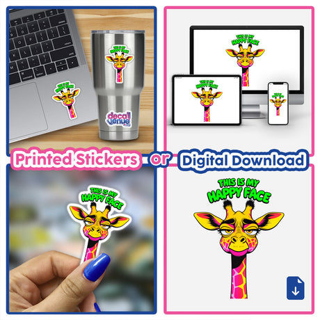This Is My Happy Face Cute Grumpy Giraffe sticker collage featuring a cartoon giraffe on laptops, cups, and phones, available as vinyl stickers or digital artwork.