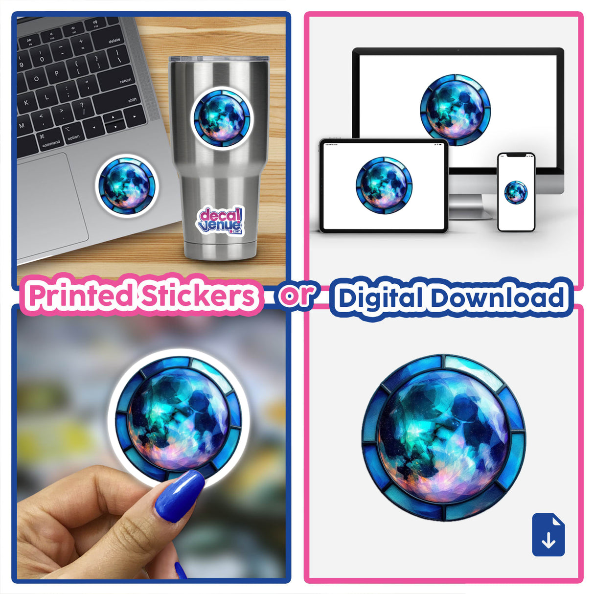 Moon Stained Glass Style artwork featuring a collage of laptops and digital elements, available as a sticker or digital artwork from Decal Venue.