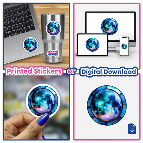 Moon Stained Glass Style artwork featuring a collage of laptops and digital elements, available as a sticker or digital artwork from Decal Venue.