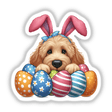 Peeking Easter Goldendoodle Dog with bunny ears surrounded by colorful eggs, available as stickers or digital artwork, showcasing a playful and festive theme.