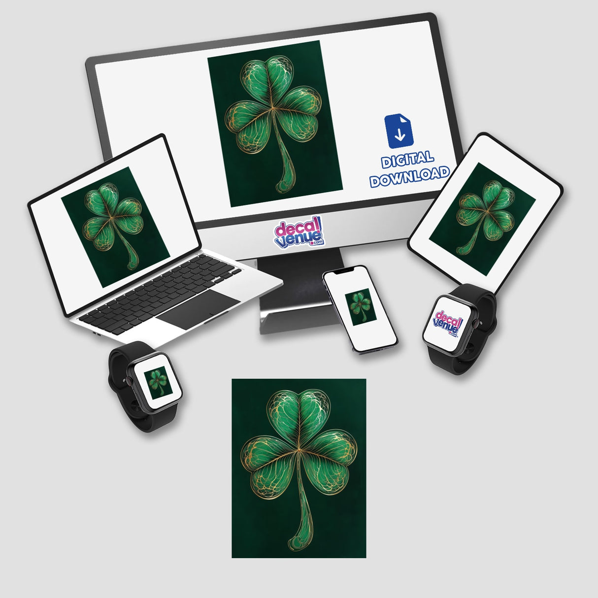 Elegant Shamrock – Intricate Green Clover with Gold Filigree displayed on multiple screens, including a laptop and tablet, showcasing its versatility as stickers or digital artwork from Decal Venue.
