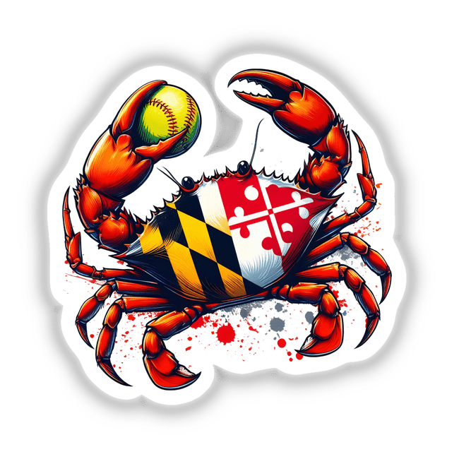 Maryland Crab Softball illustration featuring a crab with the Maryland flag's chevrons and cross bottony, clutching a softball. Available as stickers or digital artwork from Decal Venue.