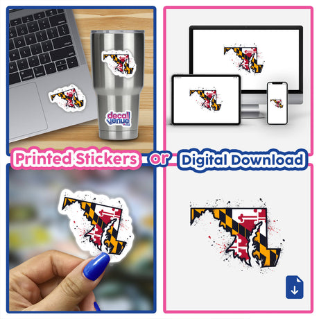 Collage featuring the State Outline Maryland Flag III as unique vinyl stickers and digital artwork, displaying a laptop keyboard with a Maryland flag sticker.