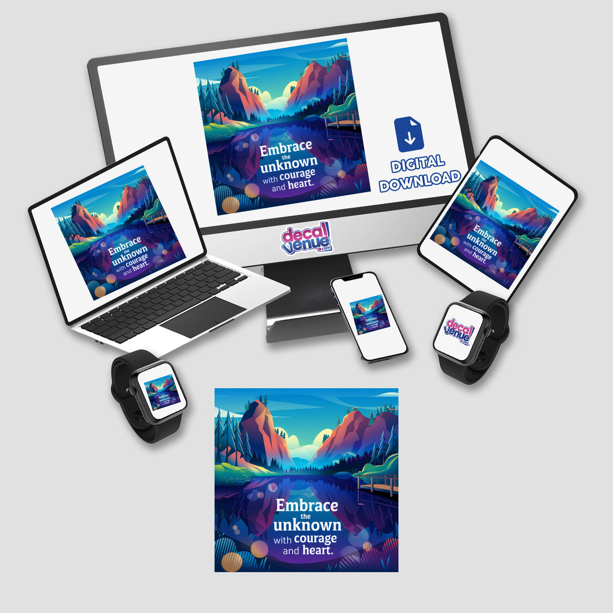 Embrace the unknown with courage and heart depicted on a computer monitor and laptop, showcasing a serene mountain and bridge scene, available as unique stickers or digital artwork from Decal Venue.