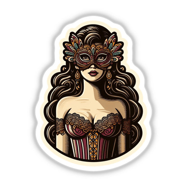 Masked woman illustrated in a detailed, artistic style, available as stickers or digital artwork.