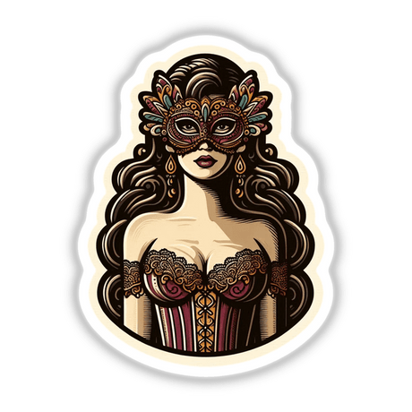 Masked woman illustrated in a detailed, artistic style, available as stickers or digital artwork.