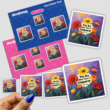 Hand holding a sticker pack titled Fauvist Spring Ranunculus 'You Are More Than A Conqueror' Romans 8:37, showcasing vibrant floral designs, available as stickers or digital clipart with commercial rights.