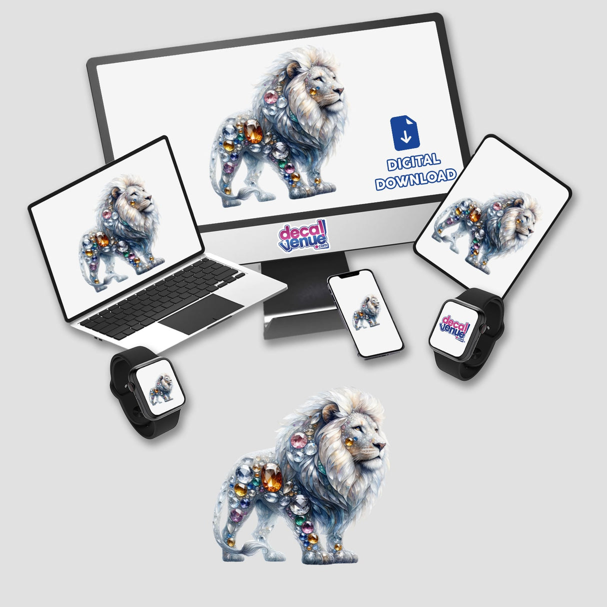 Lion Jewels and Gemstones digital artwork displayed on a laptop, phone, tablet, and smartwatch, featuring a lion adorned with gems. Available as stickers or digital artwork.