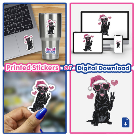 Christmas Santa Pink Labrador Dog in Lights sticker featuring a black dog wearing pink heart-shaped sunglasses and a Santa hat. Available as stickers or digital artwork from Decal Venue.