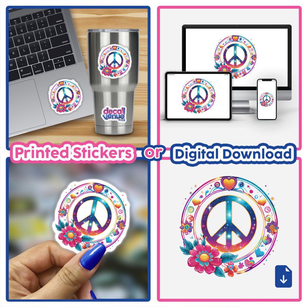 Colorful peace sign floral accents digital artwork for stickers or digital downloads from Decal Venue's collection by PanzeeArt.
