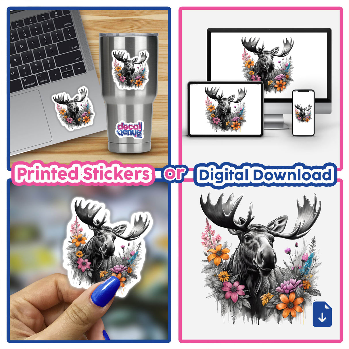 Moose Portrait with Floral Accent - Digital artwork featuring a detailed moose head surrounded by vibrant floral elements, suitable for use as stickers or digital downloads.