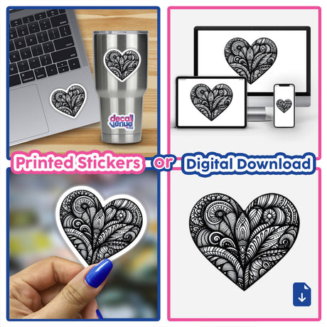 Zentangle heart sticker on a laptop keyboard, showcasing intricate design elements, available as vinyl stickers or digital artwork, embodying Decal Venue's unique aesthetic of detailed and artistic creations.