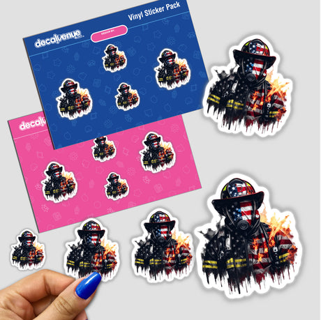 American Flag Infused Firefighter with Flames - Digital Artwork Stickers