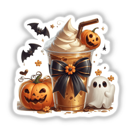 Spiced Pumpkin and Ghost Halloween Coquette Bow featuring a cartoon drink with whipped cream, pumpkins, a ghost, and a bat, available as stickers or digital artwork from Decal Venue.