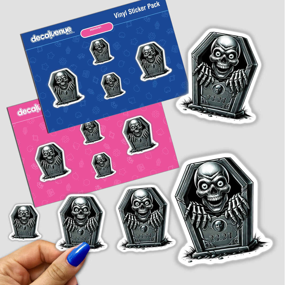 Halloween Skeleton Peeking Out of Tombstone stickers featuring a skull in a coffin and a skull with claws on a grave, perfect for eerie, unique decorations.