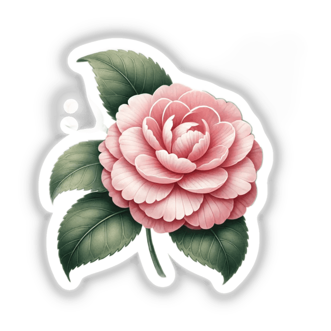 Exquisite Camellia Botanical Clipart - Alabama State Flower | Commercial Use & Sticker Option featuring a detailed close-up of a pink flower with green leaves.