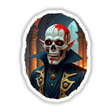 Demon Of The Underworld sticker or digital artwork featuring a cartoon skeleton with blood, red eyes, and gold accents, reflecting a horror theme.