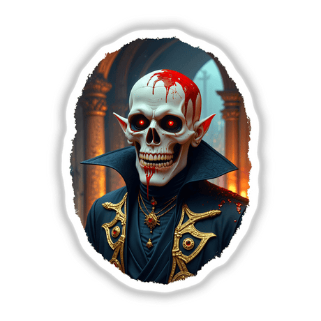Demon Of The Underworld sticker or digital artwork featuring a cartoon skeleton with blood, red eyes, and gold accents, reflecting a horror theme.