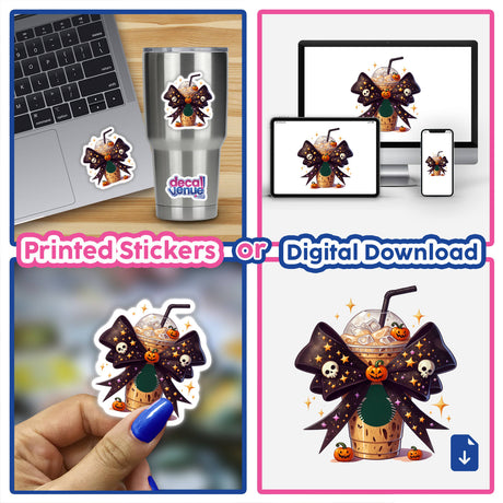 Collage featuring 'Pumpkin Spice Halloween Coquette Bow' stickers and digital artwork, showcasing various cartoon drinks with bows, applied on laptops, phones, and more.
