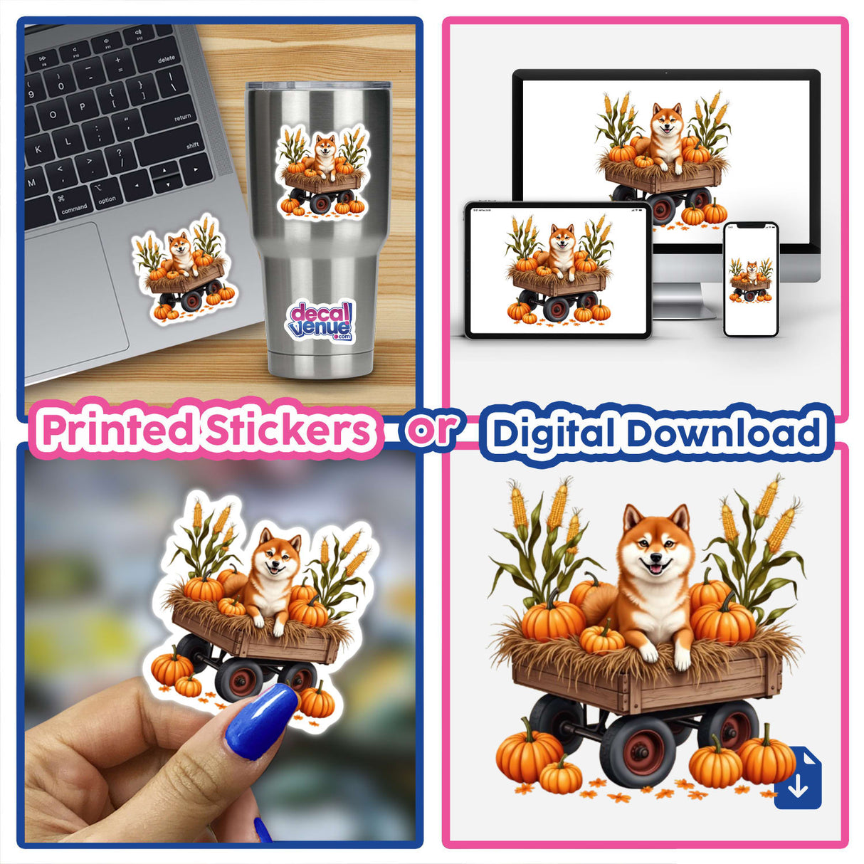 Cozy Fall Aesthetic Shiba Inu Clipart - Stickers or Commercial Rights Download: Collage of a Shiba Inu on a wagon with pumpkins and corn, available as stickers or digital artwork.