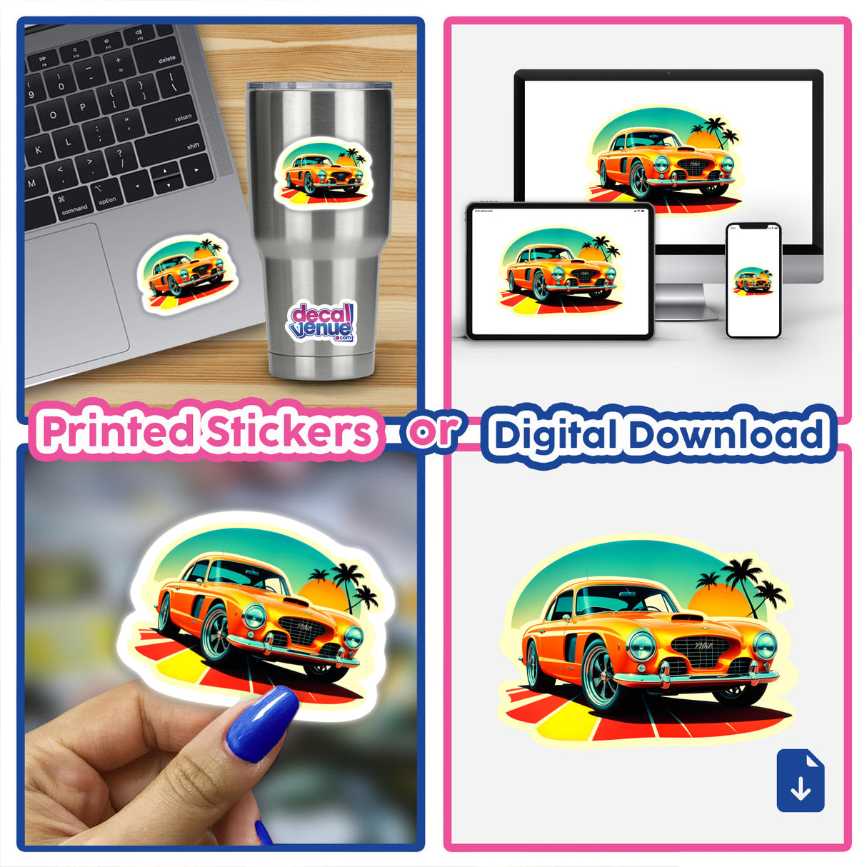 A collage featuring A Vintage Classic Car as stickers and digital artwork, including images of an orange car, a laptop with car-themed stickers, and cartoon car illustrations.