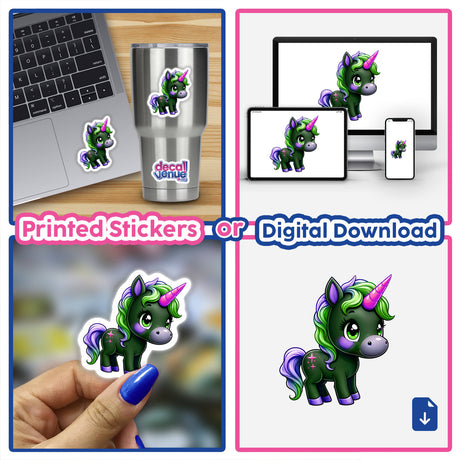 Collage featuring the Cute And Magical Pony Unicorn as stickers and digital artwork, showcasing its whimsical design on laptops, cups, and more, embodying Decal Venue's unique sticker and digital art offerings.