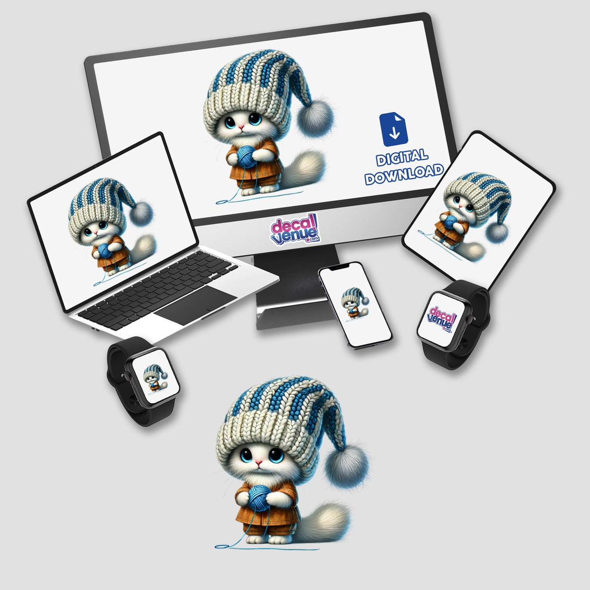 Cute ragdoll cat gnome holding ball of yarn, digital artwork available for download on various devices from Decal Venue's online store.