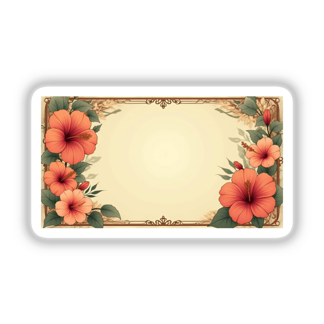 Aesthetic Hibiscus Floral Clipart Label with blank space for customization, featuring a rectangular frame adorned with detailed flowers and leaves, available as digital artwork for commercial use.