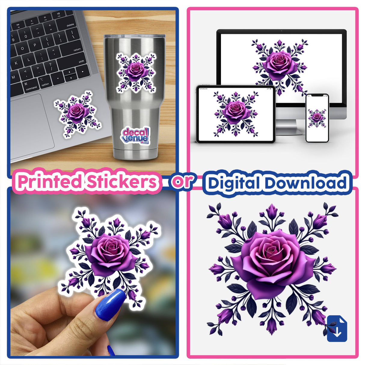 Elegant Purple Rose Clipart - Stickers or Commercial Use Download: Collage featuring laptops adorned with purple rose stickers, close-up of flower stickers, and a hand holding a purple rose sticker.