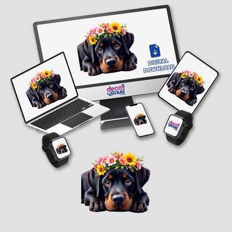 Charming Labrador Retriever wearing a floral crown, featured as a whimsical design for stickers or digital artwork, ideal for adding personality to laptops, phone cases, or home decor.