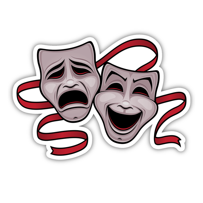 Comedy And Tragedy Theater Masks stickers featuring illustrated masks with red ribbons, depicted in a cartoon style, ideal for adding dramatic flair to any surface.