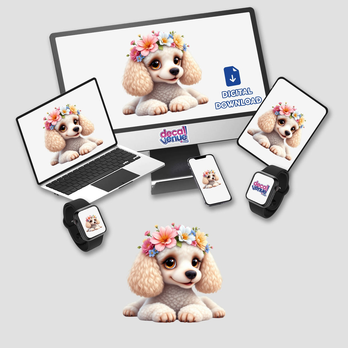 Elegant Poodle Wearing a Whimsical Floral Crown as a digital artwork displayed on devices, featuring a charming cartoon dog with a flower crown. Ideal for pet lovers and art enthusiasts.