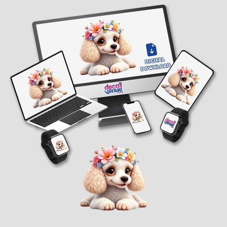 Elegant Poodle Wearing a Whimsical Floral Crown as a digital artwork displayed on devices, featuring a charming cartoon dog with a flower crown. Ideal for pet lovers and art enthusiasts.