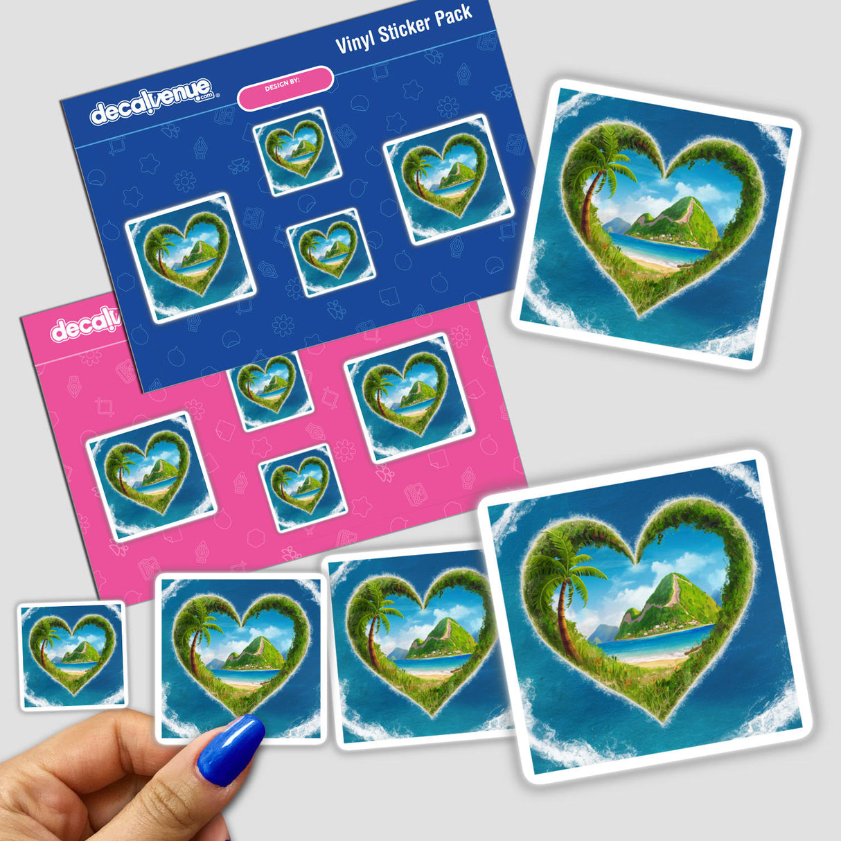 Tropical Heart Island - Digital tropical-themed stickers featuring heart-shaped islands, palm trees, and idyllic landscape, presented in a vinyl sticker pack from Decal Venue, an online store offering unique digital art and stickers.