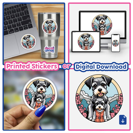 Playful Schnauzer mother and puppy stickers for digital download or printed decals. Vibrant artwork showcases the affectionate bond between the dogs set against a colorful floral background.