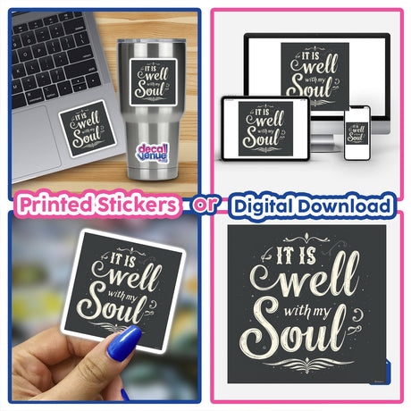 It Is Well with My Soul Typography Art Sticker or Clipart featuring a collage of laptops and digital elements, designed for commercial use, available at Decal Venue.