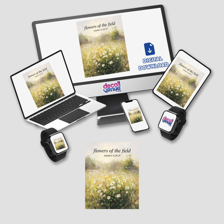 Flowers of the Field Sticker or Clipart, featuring floral designs on a laptop screen, available as stickers or digital artwork with commercial rights, inspired by Matthew 6:28-29.