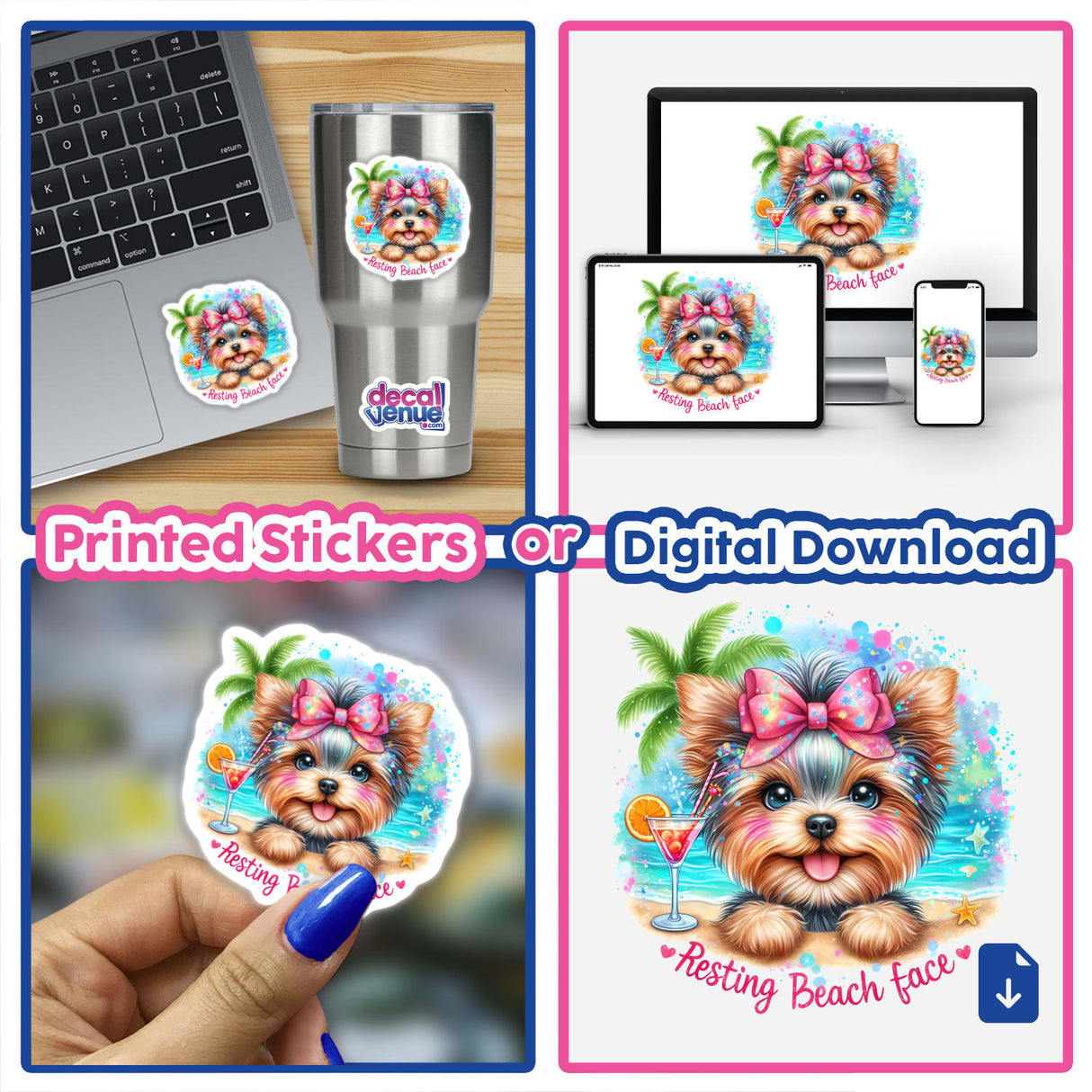 Colorful digital artwork depicting a friendly Yorkie dog with a "Resting Beach Face" expression, surrounded by tropical flowers and beach elements. The product is available as printed stickers or a digital download, showcasing the artwork in various applications such as on a laptop, smartphone, and product mockup.