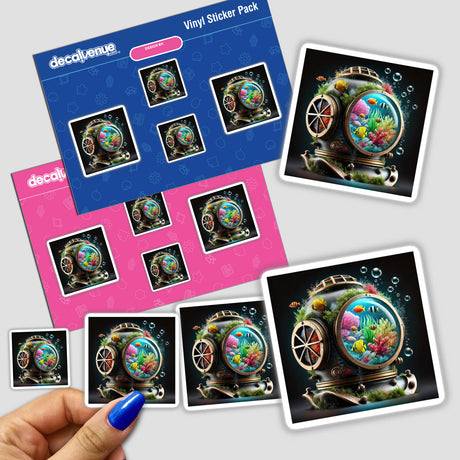 Hand holding sticker pack titled Deep Sea Dreams - Coral Reef Inside a Diver’s Helmet, featuring intricate artwork of a coral reef inside a vintage diving helmet.