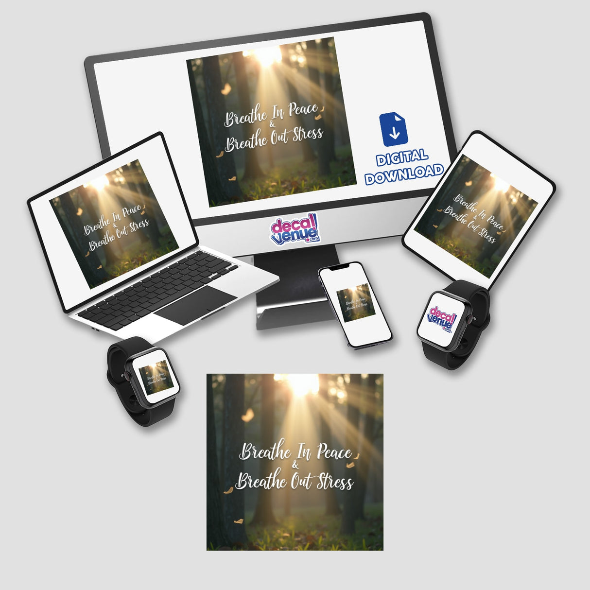 Breathe In Peace, Breathe Out Stress Sticker featuring a serene scene of a sun shining through trees, symbolizing relaxation and mental health. Ideal for enhancing calmness and positivity.