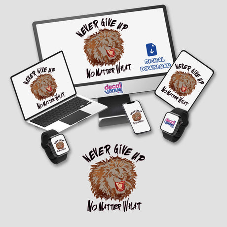 Laptop and monitor display striking lion artwork, available as captivating stickers or digital art from Decal Venue.