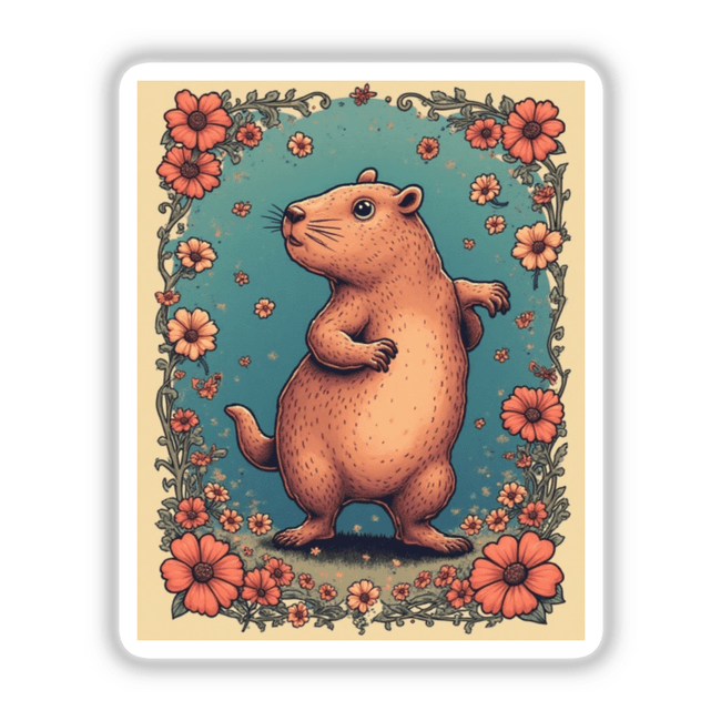 Capybara Floral Border Sticker or Clipart with Commercial Rights features a whimsical cartoon capybara framed by vibrant flowers, ideal for unique vinyl sticker or digital art enthusiasts.
