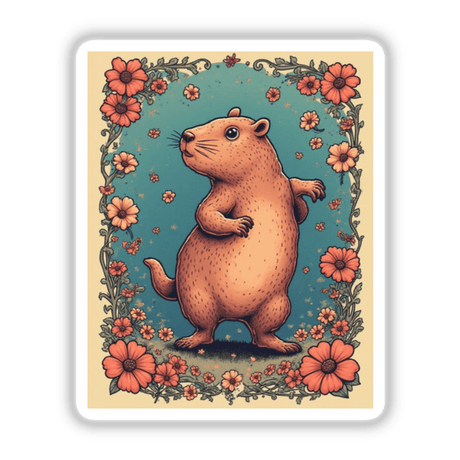 Capybara Floral Border Sticker or Clipart with Commercial Rights features a whimsical cartoon capybara framed by vibrant flowers, ideal for unique vinyl sticker or digital art enthusiasts.