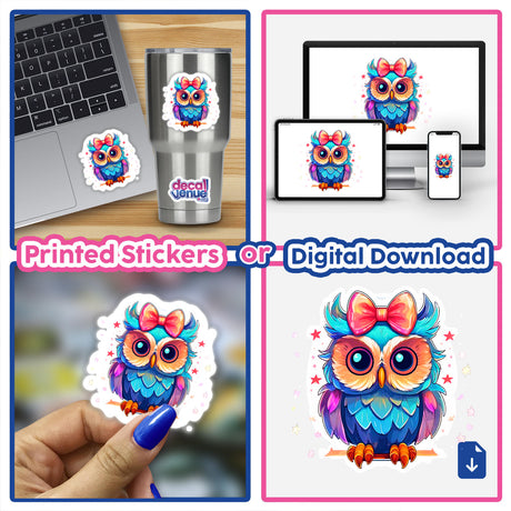 Collage featuring Owlet stickers and digital art, including a blue cartoon owl with a bow, stickers on a laptop and cup, and a hand holding an owl sticker.
