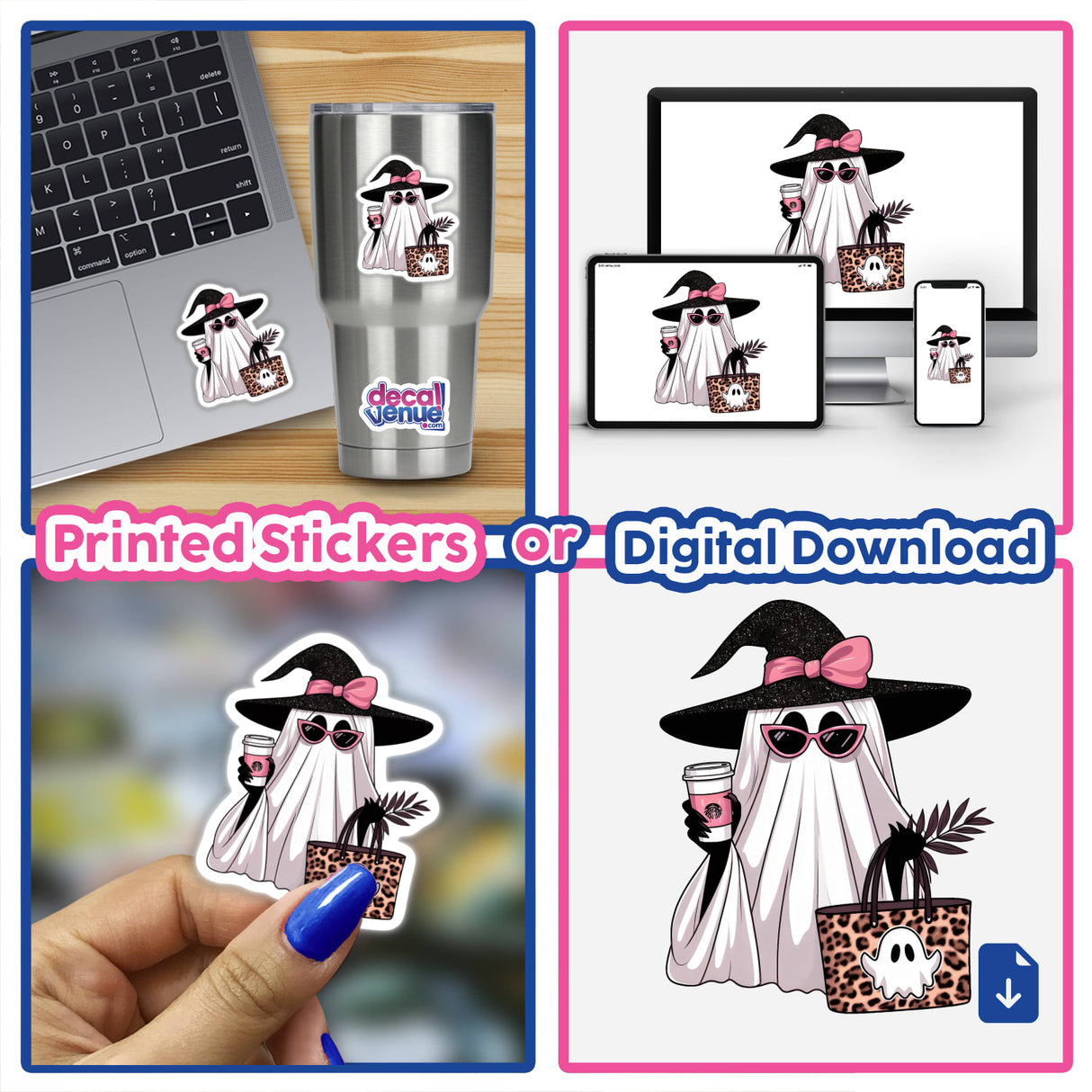 Boujee Ghost Leopard Tote and Coffee sticker collage featuring a cartoon ghost holding a coffee cup and bag, displayed on various surfaces including a laptop and hand.