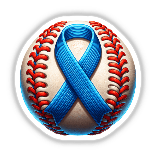 Baseball Blue Awareness Ribbon design displayed on a baseball, available as stickers or digital artwork, reflecting Decal Venue's unique vinyl stickers and digital art offerings.