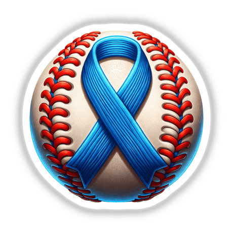Baseball Blue Awareness Ribbon design displayed on a baseball, available as stickers or digital artwork, reflecting Decal Venue's unique vinyl stickers and digital art offerings.